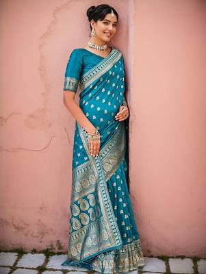 Firoji silk blend banarasi saree with unstitched blouse piece 2