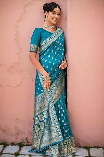 Firoji silk blend banarasi saree with unstitched blouse piece