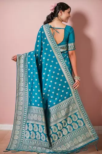 Firoji silk blend banarasi saree with unstitched blouse piece