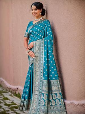 Firoji silk blend banarasi saree with unstitched blouse piece 4