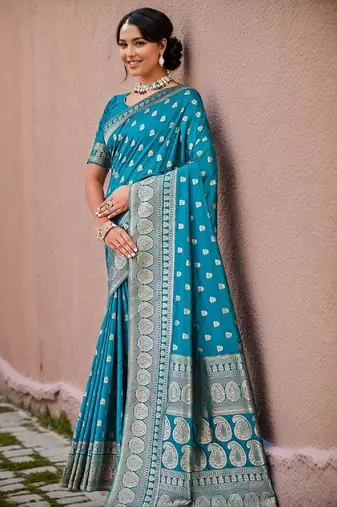 Firoji silk blend banarasi saree with unstitched blouse piece