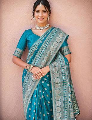 Firoji silk blend banarasi saree with unstitched blouse piece 5