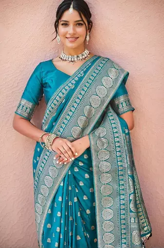 Firoji silk blend banarasi saree with unstitched blouse piece