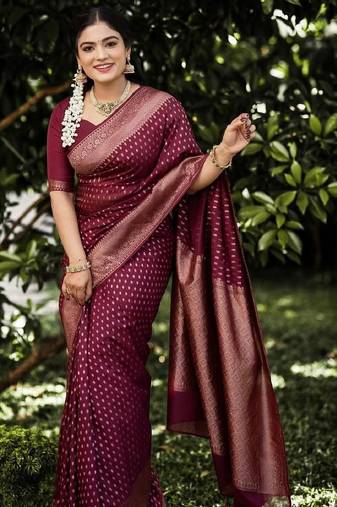 Maroon soft silk blend banarasi jacuard work designer party wear saree with unstitched blouse piece
