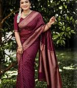 Maroon soft silk blend banarasi jacuard work designer party wear saree with unstitched blouse piece