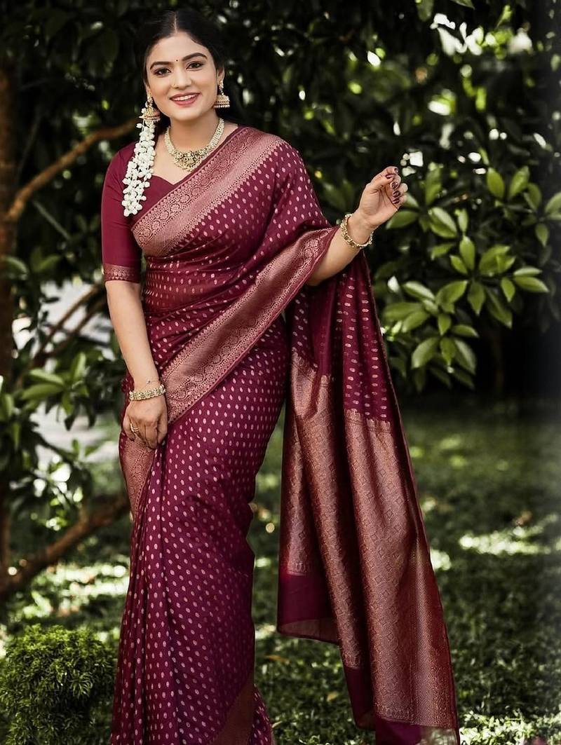 Maroon soft silk blend banarasi jacuard work designer party wear saree with unstitched blouse piece