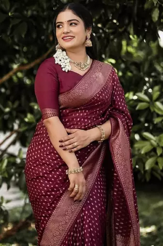 Maroon silk blend banarasi saree with unstitched blouse piece