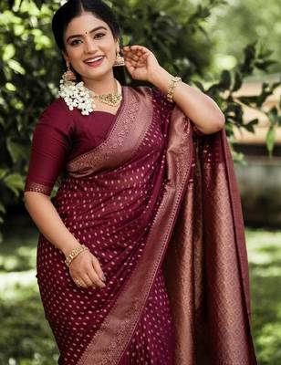Maroon silk blend banarasi saree with unstitched blouse piece 3