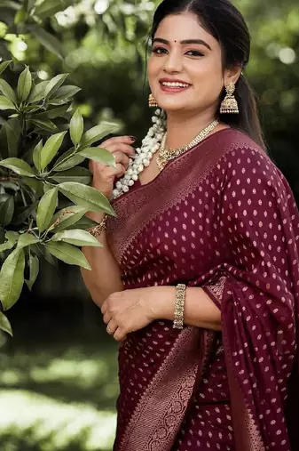 Maroon silk blend banarasi saree with unstitched blouse piece