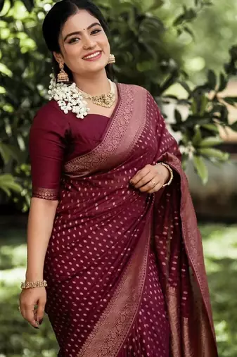 Maroon silk blend banarasi saree with unstitched blouse piece
