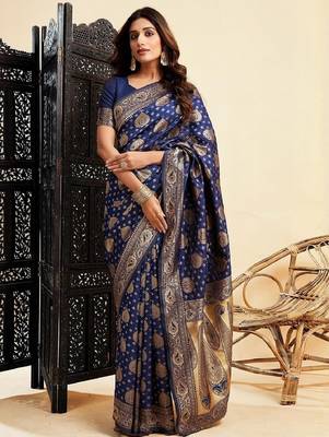 Blue silk blend banarasi saree with unstitched blouse piece 1