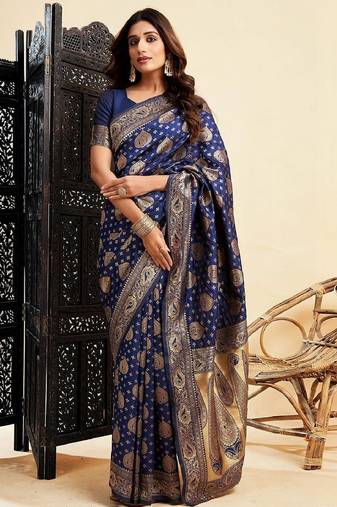 Blue soft silk blend banarasi jacuard work designer party wear saree with unstitched blouse piece