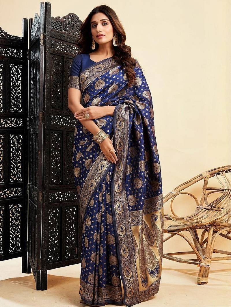 Blue soft silk blend banarasi jacuard work designer party wear saree with unstitched blouse piece