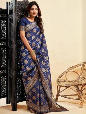 Blue silk blend banarasi saree with unstitched blouse piece 2