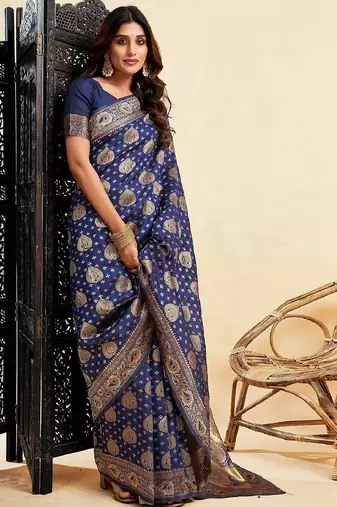 Blue silk blend banarasi saree with unstitched blouse piece