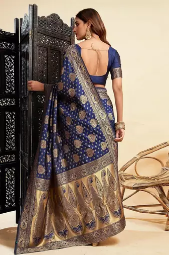 Blue silk blend banarasi saree with unstitched blouse piece
