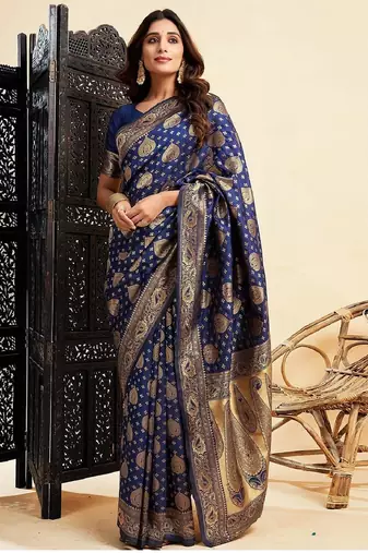 Blue silk blend banarasi saree with unstitched blouse piece