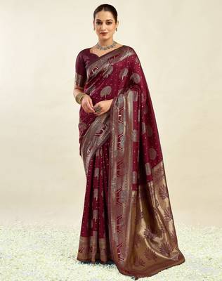 Maroon silk blend banarasi saree with unstitched blouse piece 1