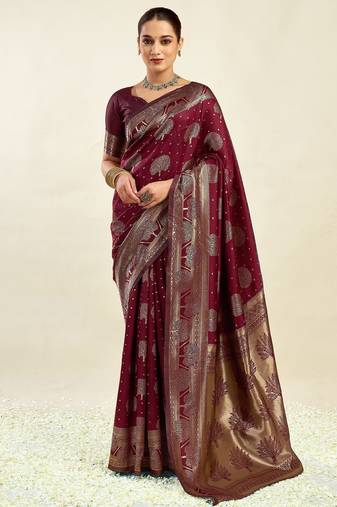 Maroon soft silk blend banarasi jacuard work designer party wear saree with unstitched blouse piece