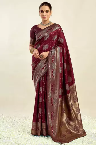 Maroon soft silk blend banarasi jacuard work designer party wear saree with unstitched blouse piece