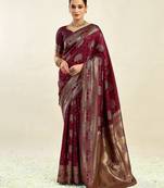 Maroon silk blend banarasi saree with unstitched blouse piece