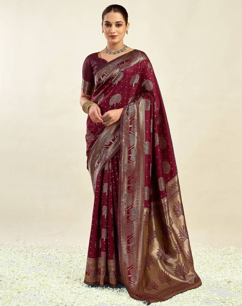 Maroon soft silk blend banarasi jacuard work designer party wear saree with unstitched blouse piece