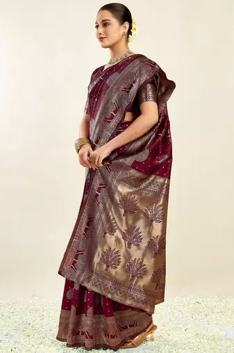 Maroon silk blend banarasi saree with unstitched blouse piece