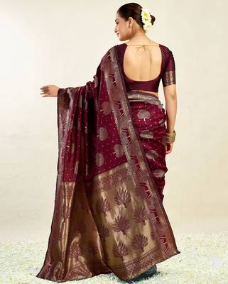 Maroon silk blend banarasi saree with unstitched blouse piece 3