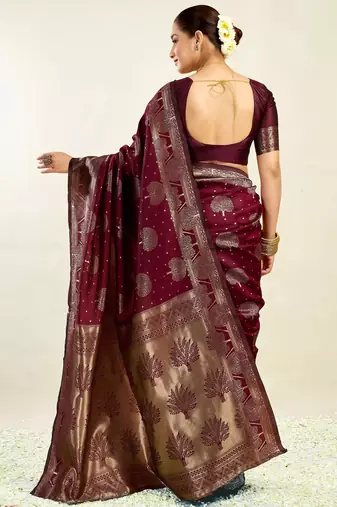Maroon silk blend banarasi saree with unstitched blouse piece