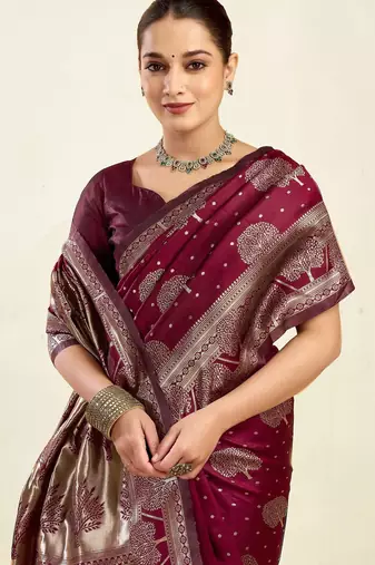 Maroon silk blend banarasi saree with unstitched blouse piece