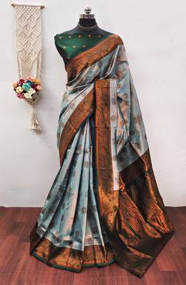 Sea green silk blend banarasi saree with unstitched blouse piece 1