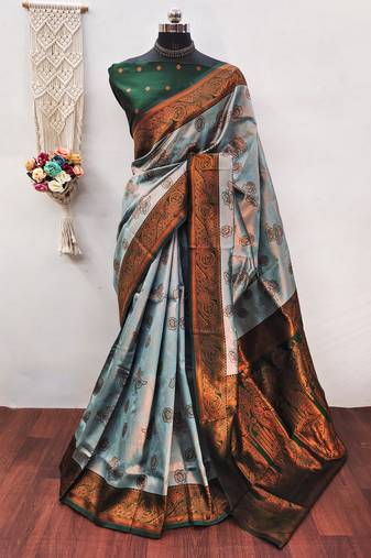 Sea green  soft silk blend banarasi jacuard work designer party wear saree with unstitched blouse piece