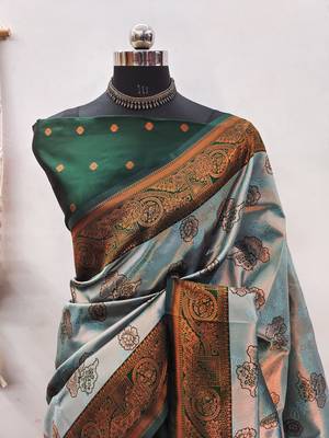 Sea green silk blend banarasi saree with unstitched blouse piece 2