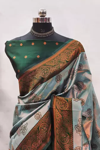 Sea green silk blend banarasi saree with unstitched blouse piece
