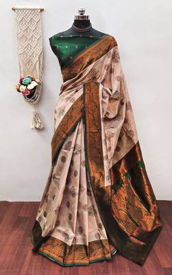 Cream green silk blend banarasi saree with unstitched blouse piece 1