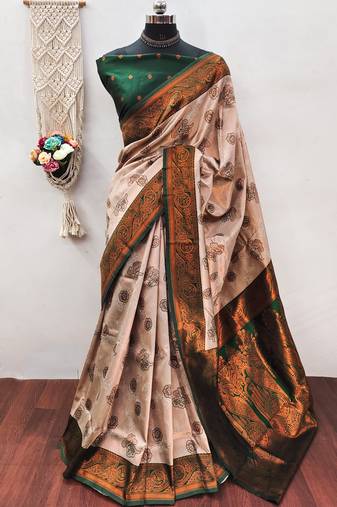 Cream green  soft silk blend banarasi jacuard work designer party wear saree with unstitched blouse piece
