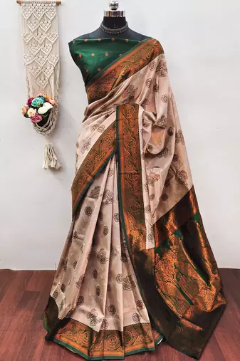 Cream green  soft silk blend banarasi jacuard work designer party wear saree with unstitched blouse piece