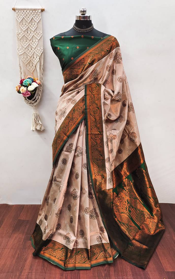 Cream green  soft silk blend banarasi jacuard work designer party wear saree with unstitched blouse piece