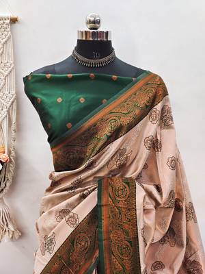 Cream green silk blend banarasi saree with unstitched blouse piece 2