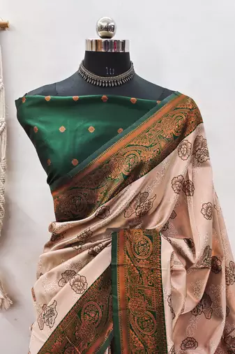 Cream green silk blend banarasi saree with unstitched blouse piece