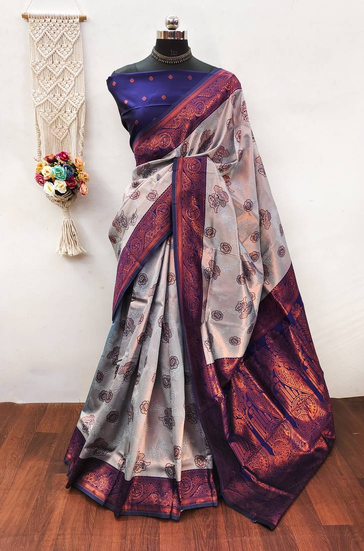 Grey neavy blue soft silk blend banarasi jacuard work designer party wear saree with unstitched blouse piece