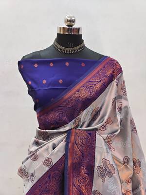 Grey neavy blue silk blend banarasi saree with unstitched blouse piece 2