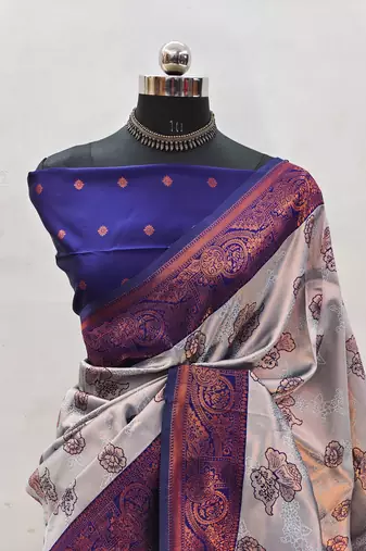 Grey neavy blue silk blend banarasi saree with unstitched blouse piece