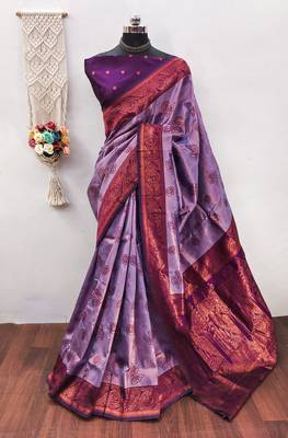 Lavender wine silk blend banarasi saree with unstitched blouse piece 1