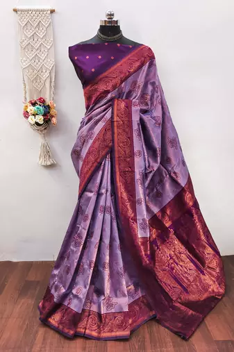 Lavender wine  soft silk blend banarasi jacuard work designer party wear saree with unstitched blouse piece