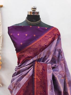 Lavender wine silk blend banarasi saree with unstitched blouse piece 2