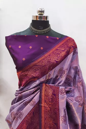 Lavender wine silk blend banarasi saree with unstitched blouse piece