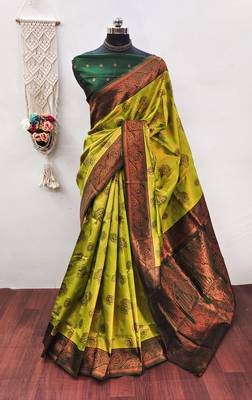 Lemon green silk blend banarasi saree with unstitched blouse piece 1