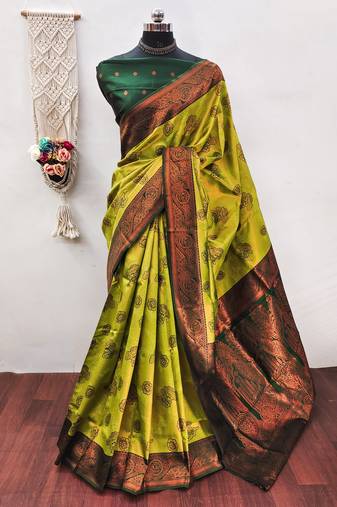 Lemon green  soft silk blend banarasi jacuard work designer party wear saree with unstitched blouse piece