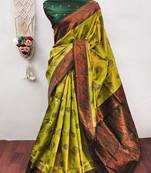 Lemon green  soft silk blend banarasi jacuard work designer party wear saree with unstitched blouse piece